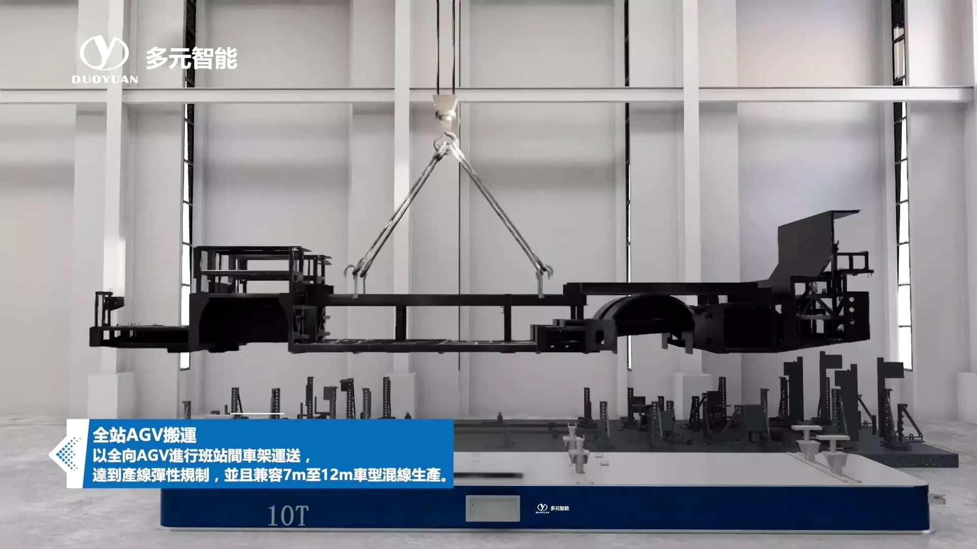 起吊中的黑色车架与原站AGV底盘装配演示画面