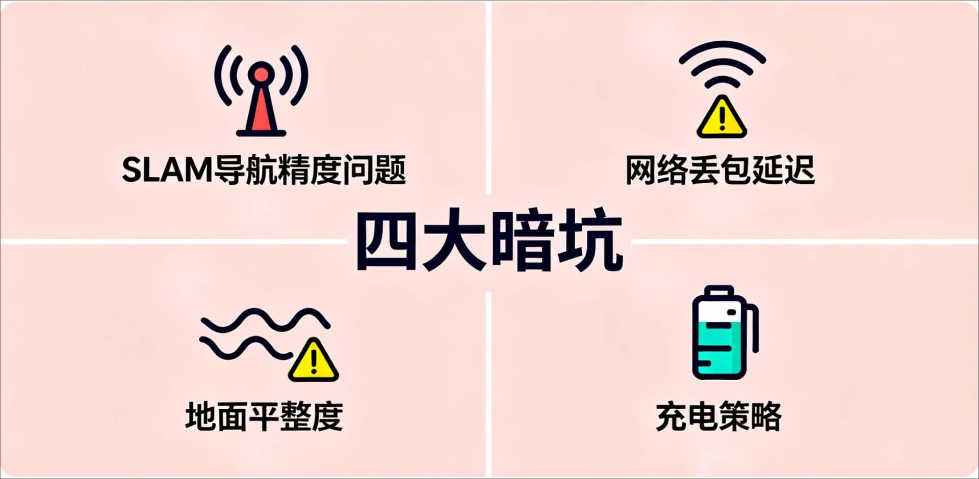 AGV规划示意：导航精度、网络丢包延迟、地面平整度与充电策略