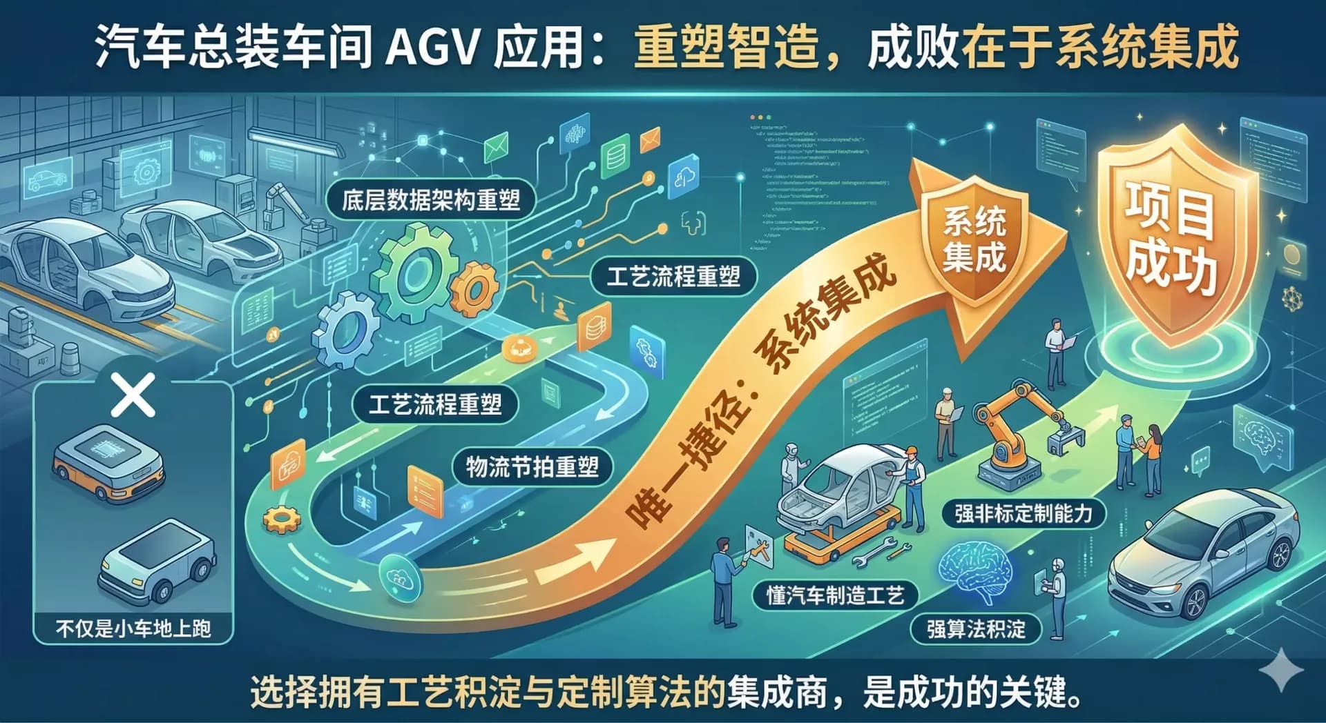 汽车总装AGV改造示意：物流节拍、工艺流程与底层数据架构共同重塑，由具备汽车制造工艺、非标定制与算法能力的系统集成商连接各环节。
